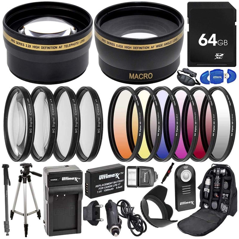 Ultimaxx 58MM Accessory Kit for Canon EOS T8I T7i, T6i, T6s, SL2, SL3, M6, M5, M3, 77D, 750D, 760D, 800D, 200D, 8000D, KISS X8i, & More; Includes: LP-E17 Battery, Filter Kits, & More - Image 1